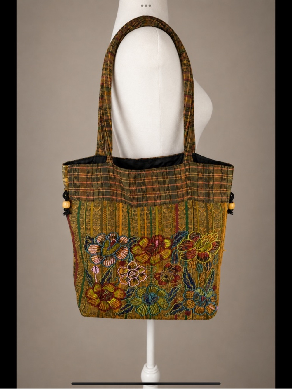 Artisan Beaded Floral Tote Bag Drawstring Purse Boho Embroidered Lined Handbag